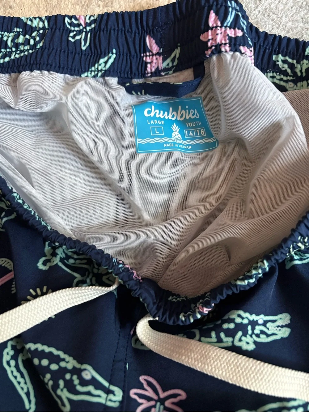 chubbies Navy Lined Swim Trunks with Mint & Pink Alligator Print Neon Glades